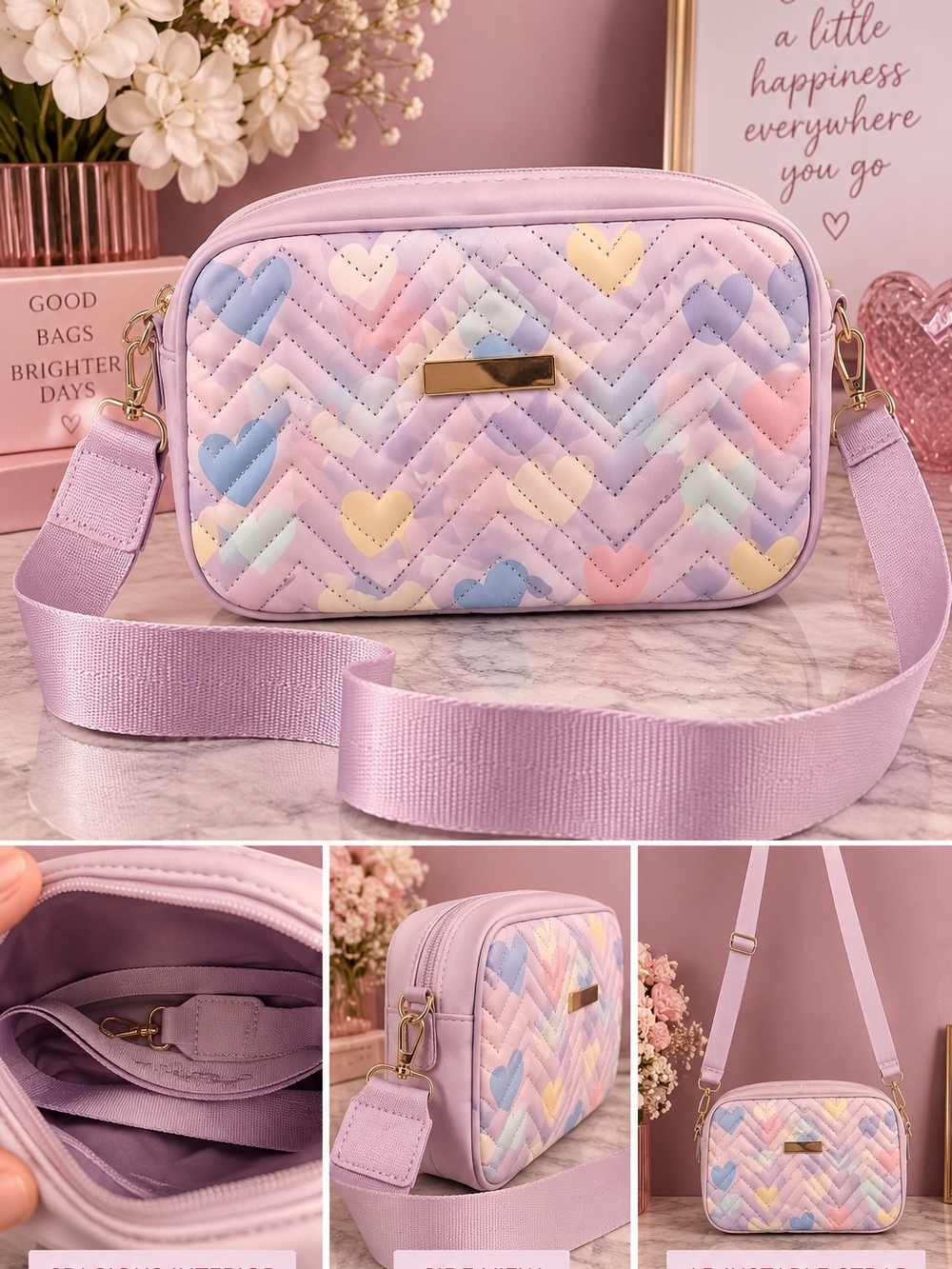 Pastel Heart Quilted Crossbody Bag - Lavender